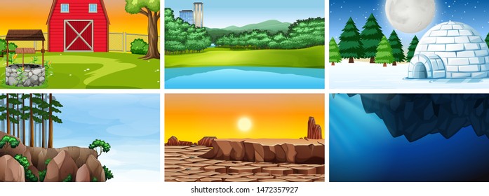 Set of scenes day, night and underwater illustration