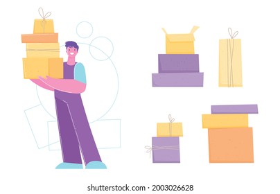 Set of scenes with delivery service of takeaway food. Mobile application for product online order. People pizza deliveryman. Flat vector cartoon illustration isolated on white.