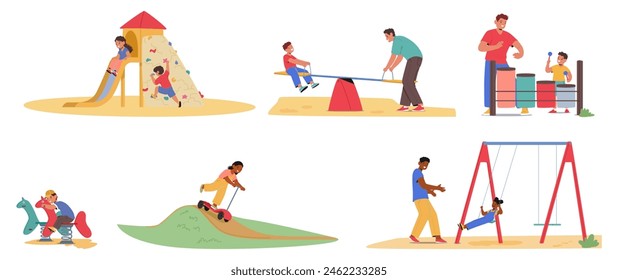Set Of Scenes Depicting Fathers And Their Children Engaging In Fun Activities At Playground. Family Characters Playing On A Slide And Seesaw, Swing And Ride Scooter. Cartoon People Vector Illustration