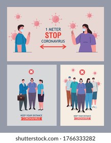 set scenes of distancing social, keep distance in public, prevention coronavirus covid 19 vector illustration design