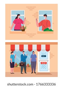 set scenes of distancing social, keep distance in public, prevention coronavirus covid 19 vector illustration design