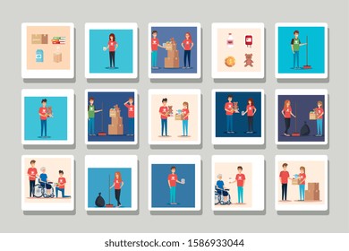 set of scenes donation charity vector illustration design