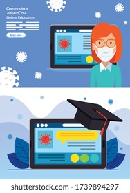 set scenes of education online for 2019 ncov vector illustration design