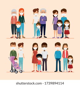 set scenes of families using face mask vector illustration design