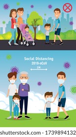 set scenes of families using face mask in landscape vector illustration design