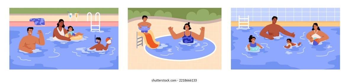 Escenarios con familias de vacaciones en piscina de estilo plano, ilustración vectorial aislada en fondo blanco. Padres y niños felices jugando con bolas, descanso y recreación