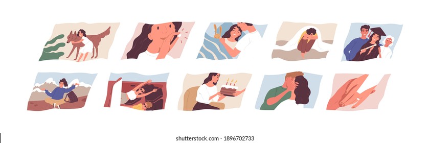 Set of scenes from female life. Growing and maturing from little girl to adult woman. Concept of memories from childhood to adulthood, positive and negative experience. Flat vector illustration.