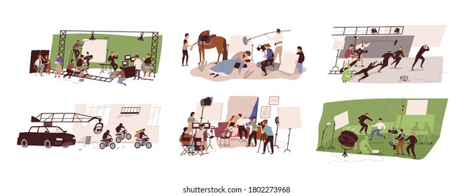Set of scenes at film studio building interior vector flat illustration. Collection of filmmakers team shooting romantic, historical, thriller and tv show isolated. Backstage of movie making