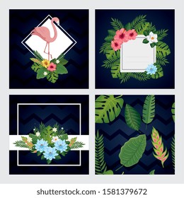 set scenes with flamingo and tropicals leafs vector illustration design