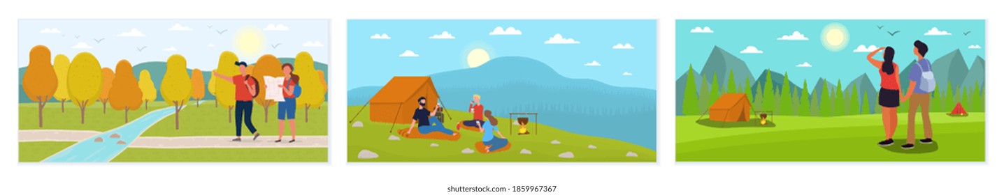 Set of scenes with friends hiking in forest . Concept of happy time spending in the woods and adventure travelling on camping trips. Flat cartoon vector illustration.