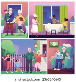 Set of scenes with grandparents and children flat style, vector illustration isolated on white background. Happy families, people eating and reading fairy tales together, love