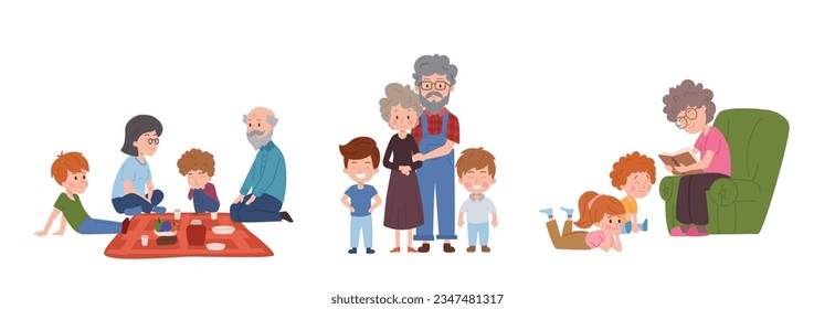 Set of scenes with grandparents spending time with children flat style, vector illustration isolated on white background. Decorative design elements collection, picnic and reading books, leisure