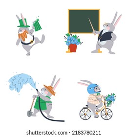 Set of scenes with gray hares. Drunk st patrick's day bunny, teacher bunny at blackboard, farmer bunny and bunny on bike in cute shirt. Stylish flat vector illustration. Eps10