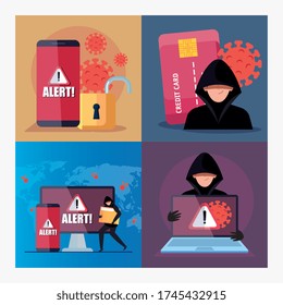 set scenes, hacker with devices electronics during covid 19 pandemic vector illustration design