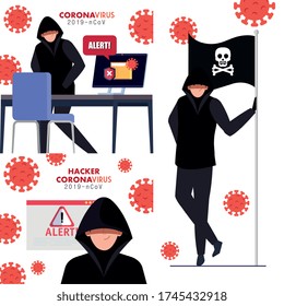 set scenes, hacker with devices electronics during covid 19 pandemic vector illustration design