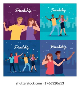 set scenes of happy characters, young people, friendship excitement, cheerful laughing from happiness vector illustration design