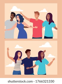 set scenes of happy characters, young people, friendship excitement, cheerful laughing from happiness vector illustration design
