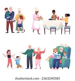 Set of scenes with happy children spend time with grandparent, flat vector illustration isolated on white background. Grandchildren visiting grandma and grandpa. Concept of family time.