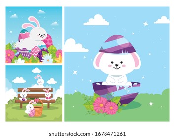 set scenes of happy easter with decoration vector illustration design