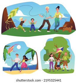 Set of scenes with happy families flying kites flat style, vector illustration isolated on white background. Parents with kids having fun together, leisure activities