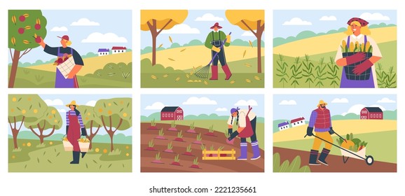 Set of scenes with harvesting people flat style, vector illustration isolated on white background. Happy characters, natural organic products, agriculture and farming