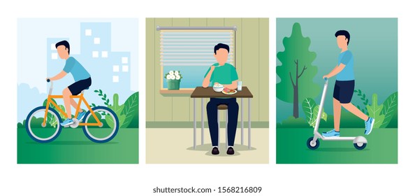 set scenes healthy lifestyle avatar character vector illustration design