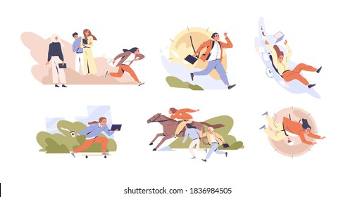 Set of scenes of hectic pace of life vector flat illustration. Collection of different people in hurry. Busy men and women running isolated on white. Deadline and time management concept - Shutterstock ID 1836984505