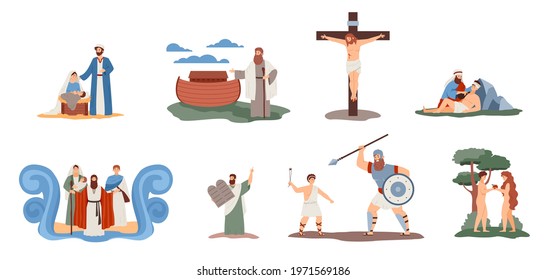 A set of scenes with holy bible characters. Legendary historical people from biblical christian religion story. Flat cartoon vector illustrations isolated on a white.