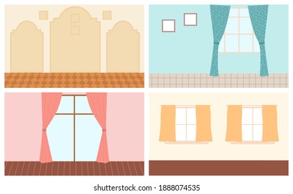 Set of scenes of home interior. Cozy place of the room near window with curtains, paintings and carpet hang on the wall. Living room with a place for family gatherings. Apartment room furniture