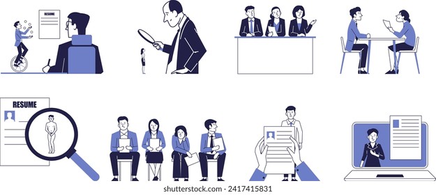 Un conjunto de escenas de una entrevista, búsqueda de empleados, contratación.