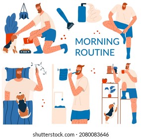 A set of scenes with a male character doing his morning routine. A cute man feeds the dog, wakes up in bed, talks on the phone, drinks coffee, puts on socks, brushes his teeth. Vector illustration