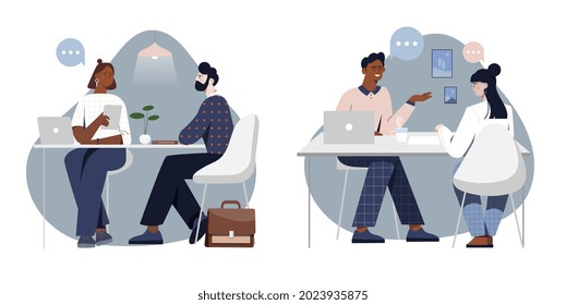 Set of scenes with male and female characters on job interview. Concept of people talking to hr manager for better representing themselves on interview. Flat cartoon vector illustration