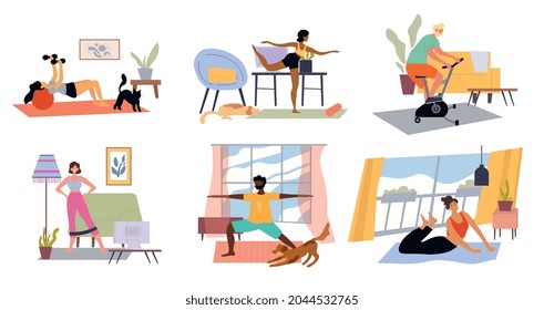 Set of scenes with male and female characters are working out at home. Different people doing sport excercises indoor. Concept of yoga and fitness, healthy lifestyle. Flat cartoon vector illustration