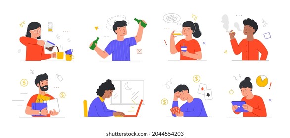 Set of scenes with male and female characters suffering from unhealthy habits on white background. Concept of unhealthy lifestyle, overweight kids, obesity, junk food. Flat cartoon vector illustration