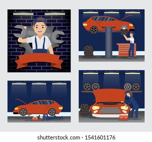 set of scenes with mechanics working characters vector illustration design