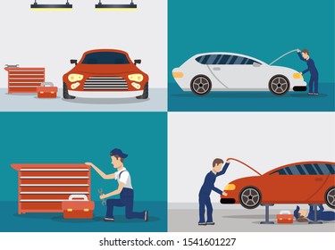 Szene mit Mechanik arbeitenden Figuren Vektorillustration-Illusionsdesign