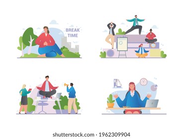 Set of scenes with meditating office workers. Meditation concept during work break, health benefits of body, vector, mind and emotions, thought process, start and idea search. Vector illustration