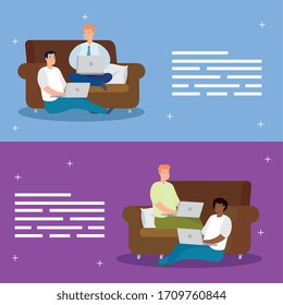 set scenes of men sitting in couch and floor with laptops vector illustration design
