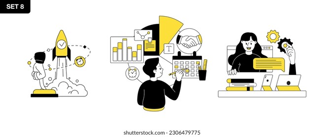 Set of scenes with men and women taking part in business activities. Business Concept illustrations. Vector illustration