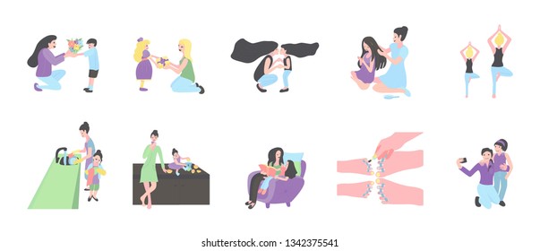 Set Of Scenes with mother and dauther, son isolated vector illustration. Parent And Child. Mother's day