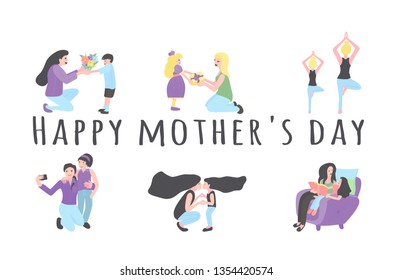 Set Of Scenes with mother and dauther, son isolated vector illustration. Woman And Child. Collection for Mother's day