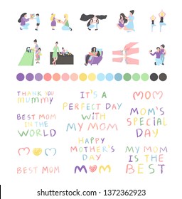 Set Of Scenes with mother and dauther, son. multicolor set mother day inscriptions, Woman And Child. Collection for Mother's day