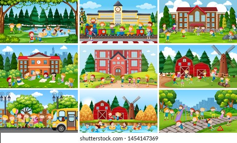 Set of scenes in nature setting illustration
