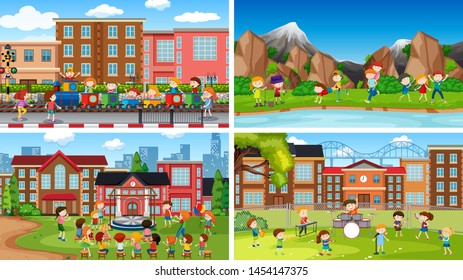 Set of scenes in nature setting illustration
