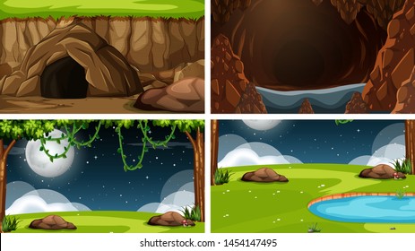 Set of scenes in nature setting illustration