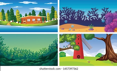 Set of scenes in nature setting illustration