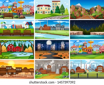 Conjunto de escenas en la ilustración de la configuración de la naturaleza