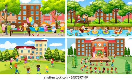 Set of scenes in nature setting illustration