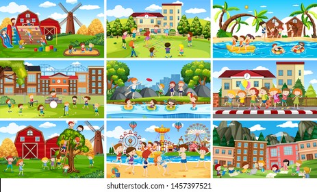 Set of scenes in nature setting illustration