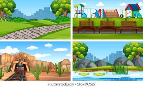 Set of scenes in nature setting illustration